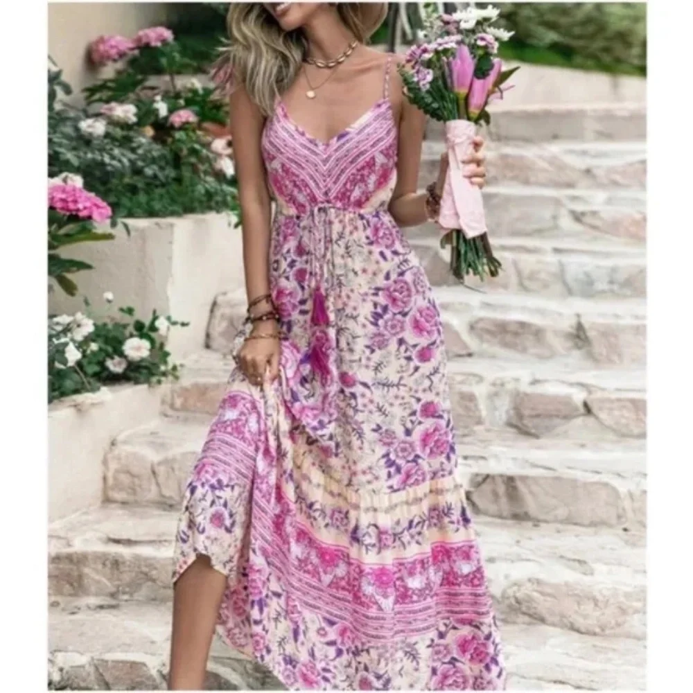 Boho Floral Print Cottagecore Cami maxi Dress - Picture 2 of 8